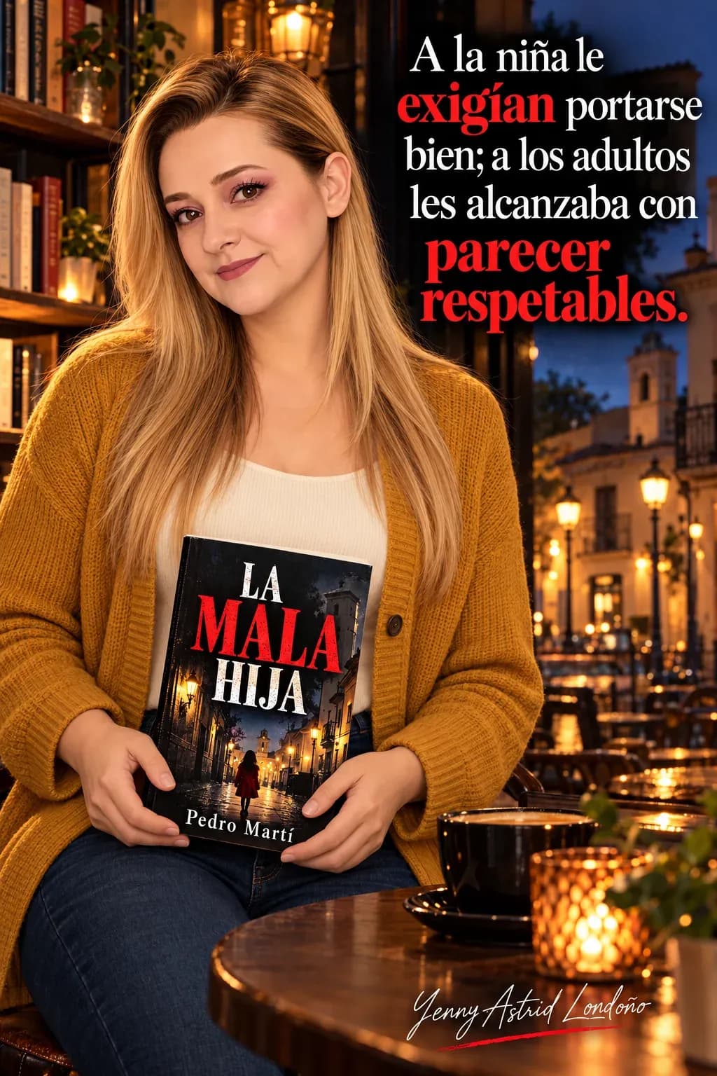 Yenny con cabello liso y cárdigan mostaza, sosteniendo La mala hija a la altura de la cintura con ambas manos; frase del libro sobre los adultos respetables.
