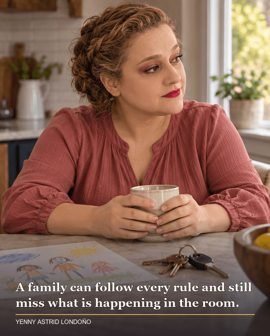Image from Yenny Astrid Londoño’s review of “The Nanny”. Yenny reflecting at a kitchen table beside a child’s drawing and house keys. Text: A family can follow every rule and still miss what is happening in the room.