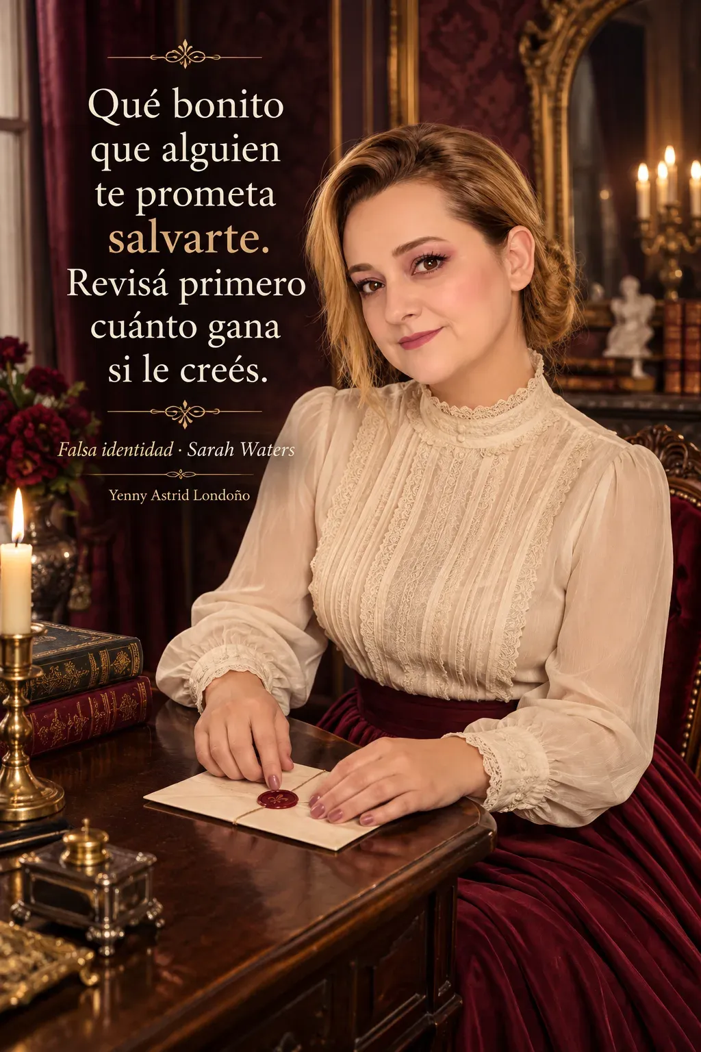 Yenny con blusa crema y falda granate sentada ante una carta sellada en un salón victoriano.