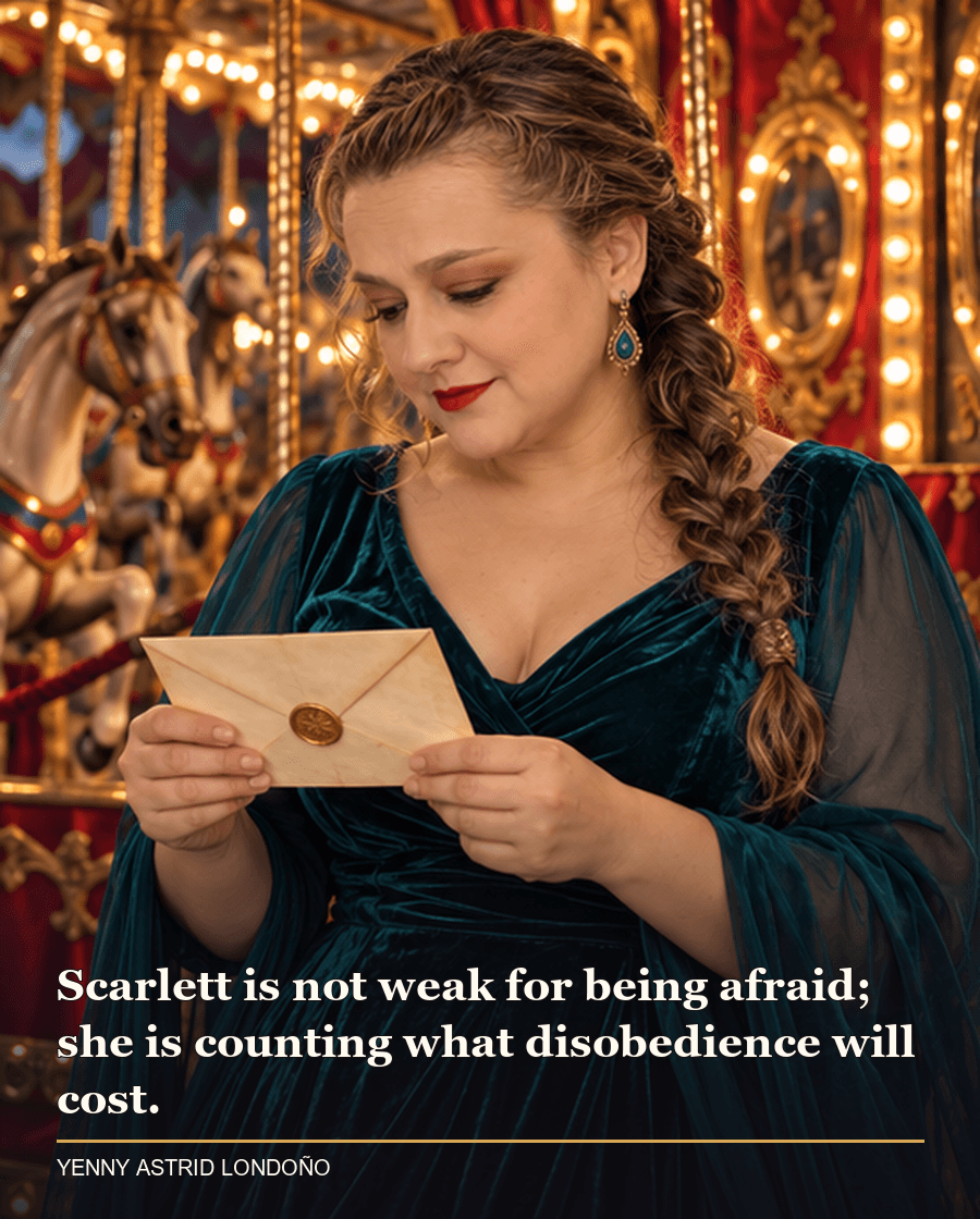 Image from Yenny Astrid Londoño’s review of “Caraval”. Yenny in a teal evening dress beside a carousel and carnival lights, checking an envelope. Text: Scarlett is not weak for being afraid; she is counting what disobedience will cost.