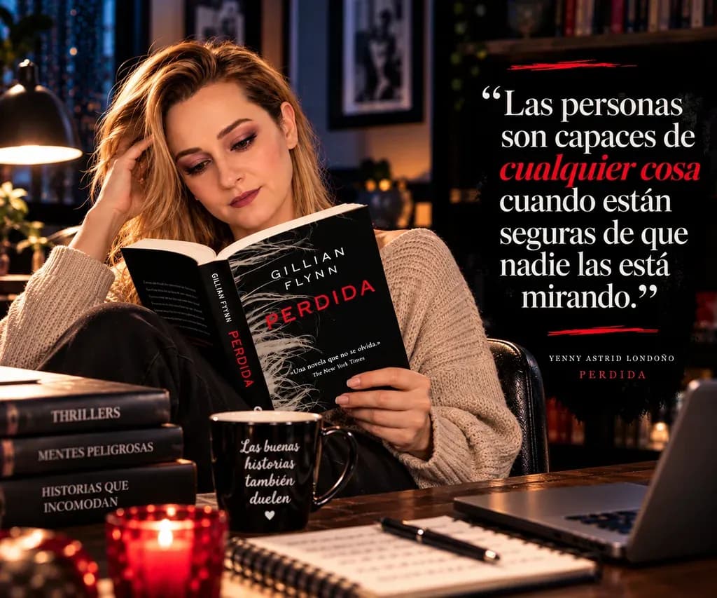 Yenny Astrid Londoño con un suéter beige leyendo Perdida, de Gillian Flynn, junto a una pila de libros y una vela, con un texto superpuesto en la imagen.
