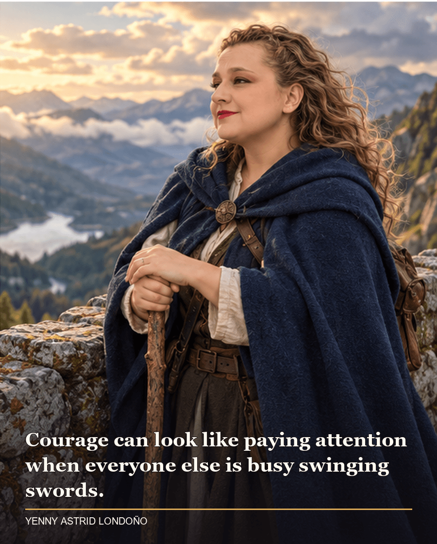 Image from Yenny Astrid Londoño’s review of “The Hobbit”. Yenny in a dark blue cloak looking across a mountain pass from a stone ledge. Text: Courage can look like paying attention when everyone else is busy swinging swords.
