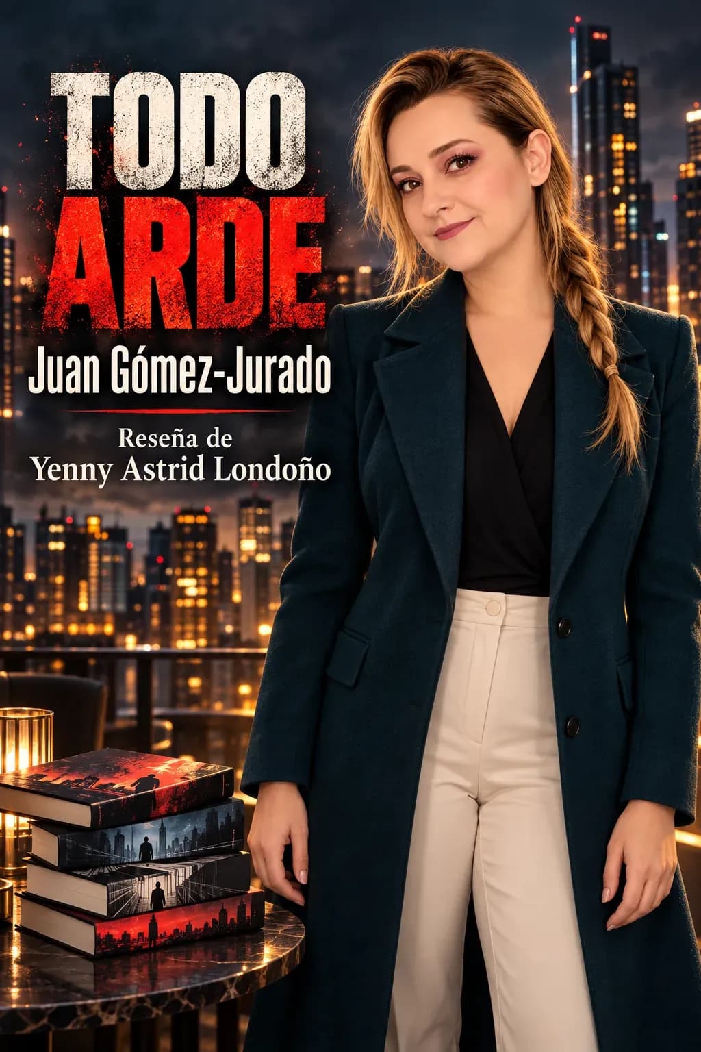 Yenny con abrigo azul petróleo y trenza baja ante el perfil nocturno de la ciudad y una pila de libros artísticos.