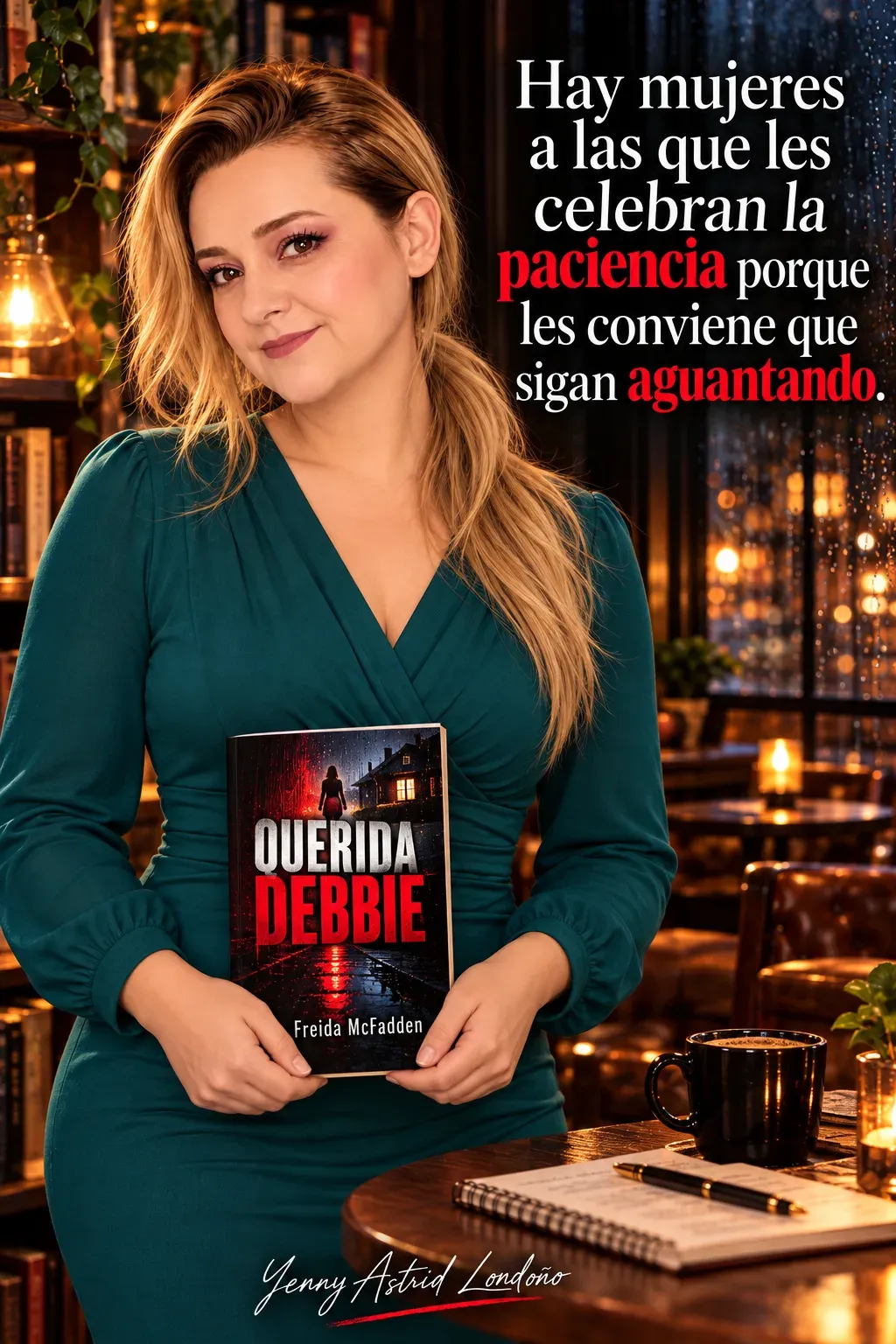 Yenny con coleta lateral y vestido verde azulado, sosteniendo Querida Debbie con ambas manos en una biblioteca; frase del libro sobre la paciencia de las mujeres.