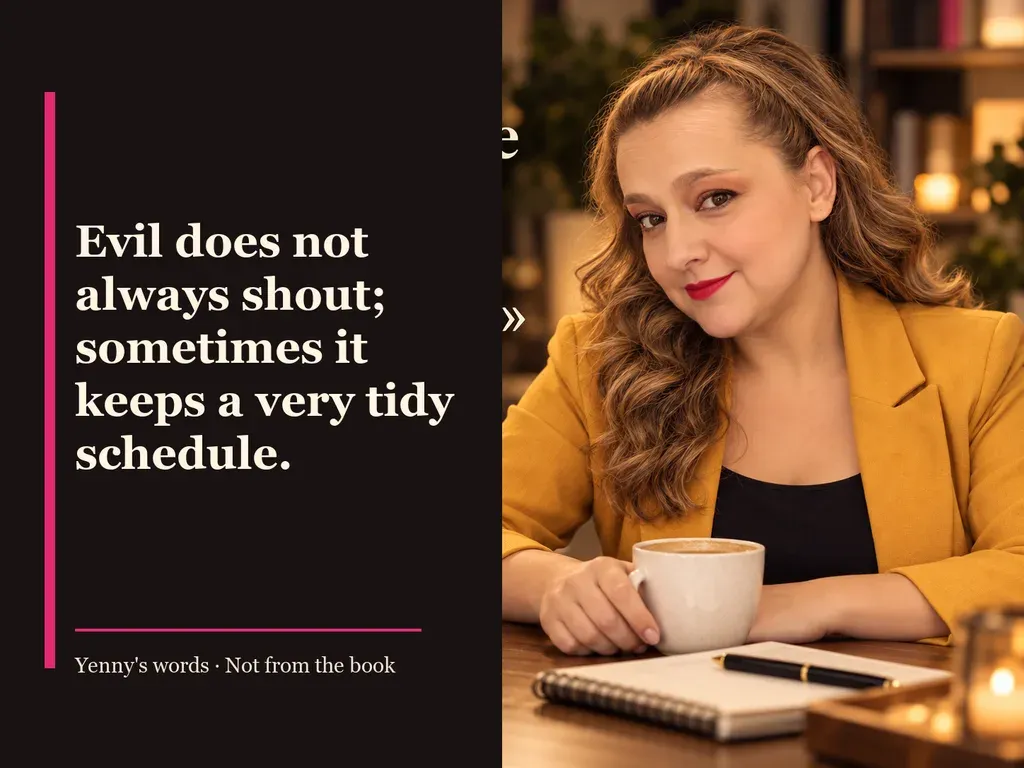 Image from Yenny Astrid Londoño’s review of “The Soul Game”. Illustration of The Soul Game, by Javier Castillo, with overlaid text: «Evil does not always shout; sometimes it keeps a very tidy schedule.»
