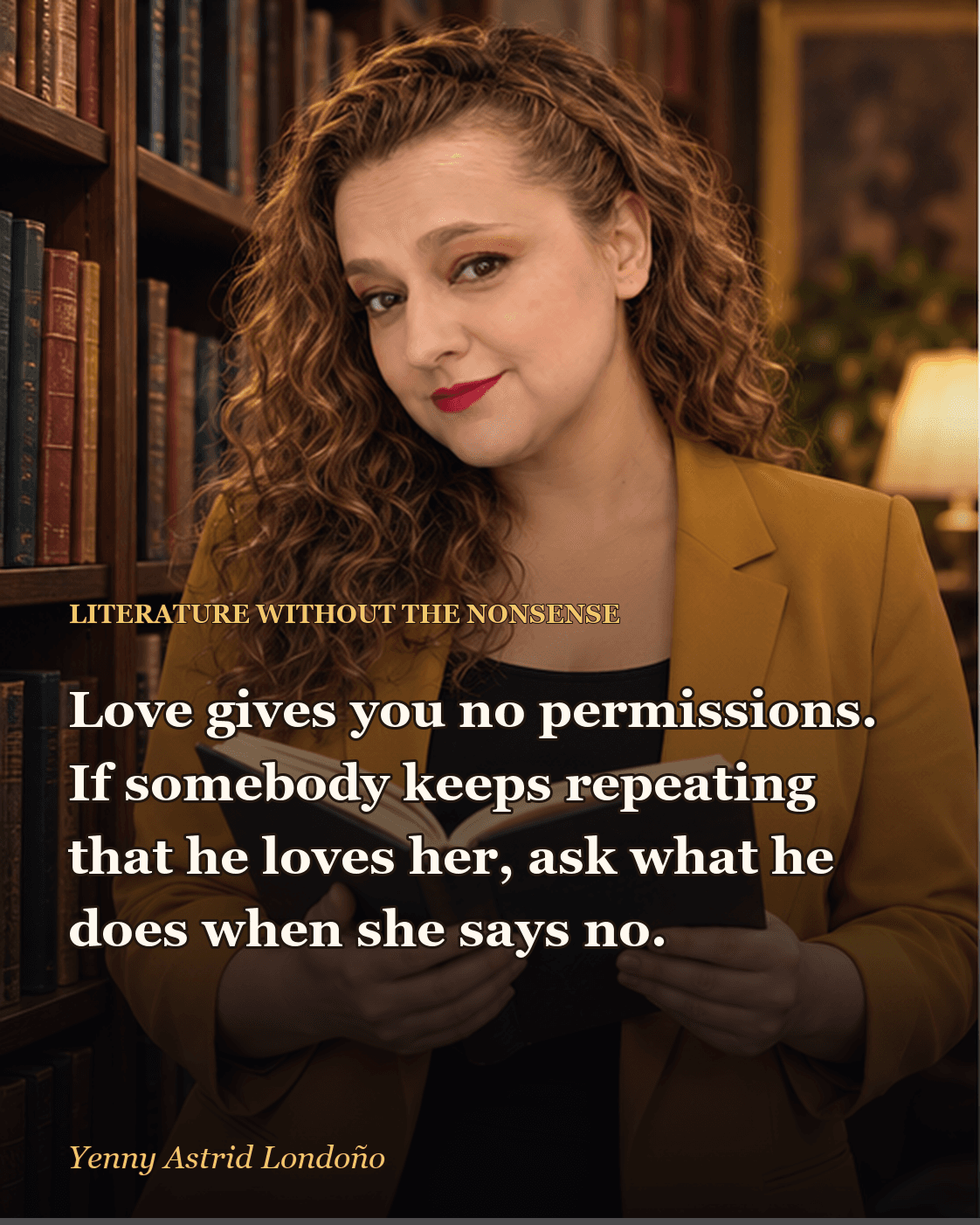 Image from “Literary Characters Who Urgently Needed Therapy—and Others Who Needed to Stop Hurting People,” written by Yenny Astrid Londoño. Yenny beside psychological novels, reading a narrator's excuses with a skeptical expression.