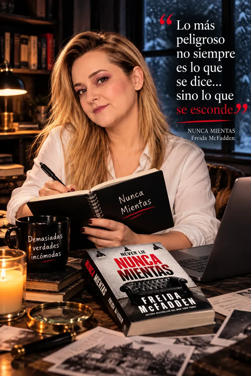 Yenny Astrid Londoño tomando notas en un cuaderno, con Nunca mientas, de Freida McFadden, y fotografías antiguas sobre el escritorio.