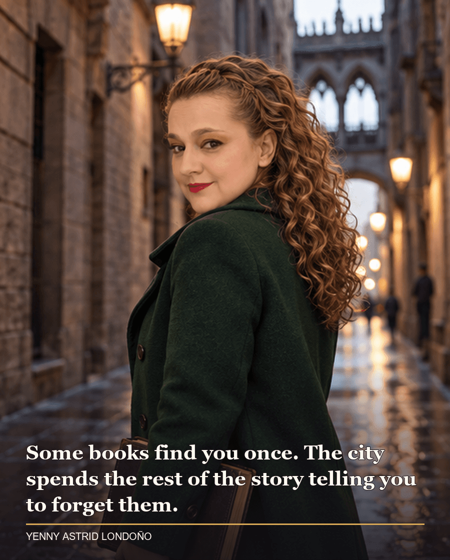 Image from Yenny Astrid Londoño’s review of “The Shadow of the Wind”. Yenny walking a Gothic Barcelona street at dusk, surrounded by the novel’s atmospheric city. Text: Some books find you once. The city spends the rest of the story telling you to forget them.