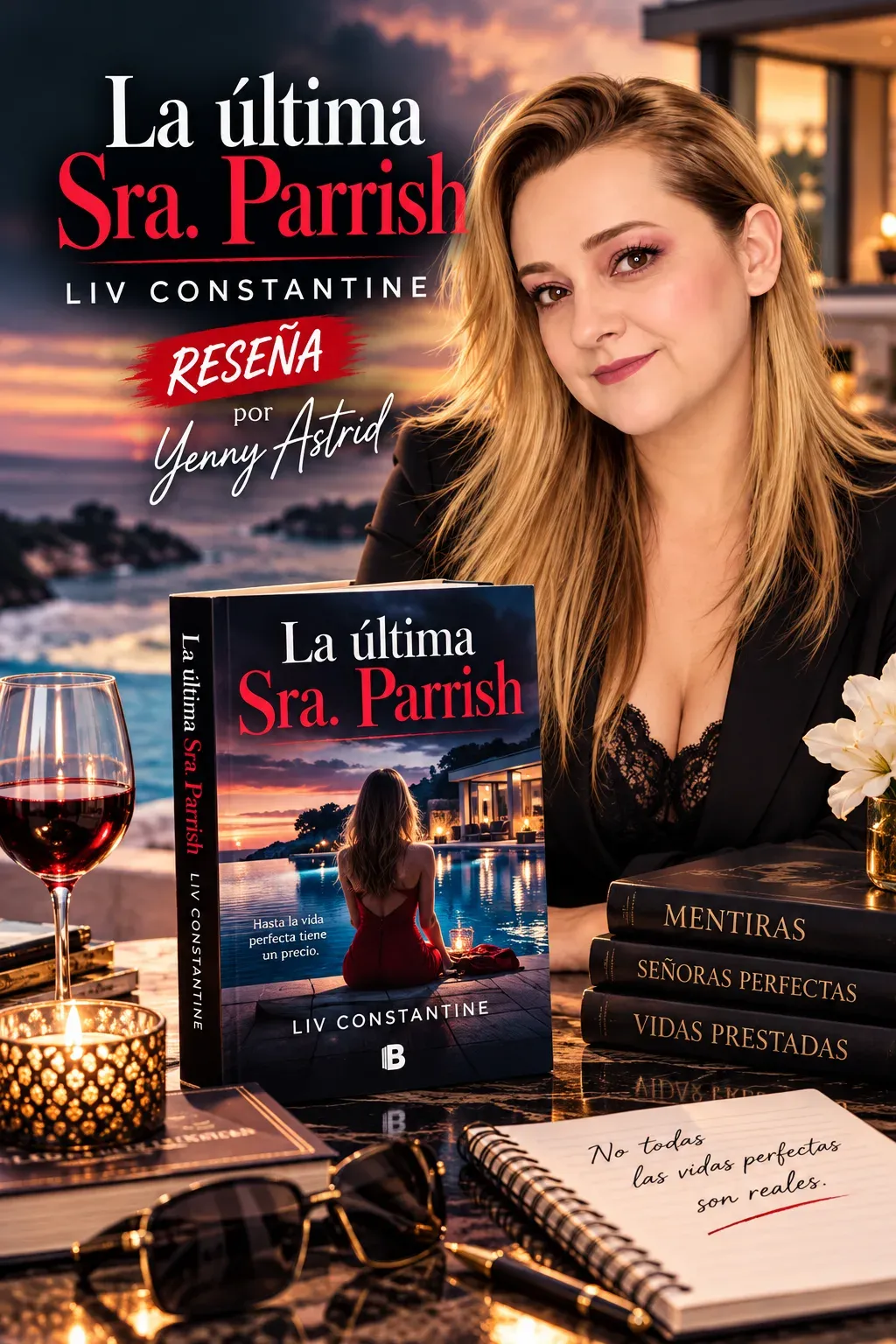 Yenny Astrid Londoño con La última Sra. Parrish, de Liv Constantine, sobre la mesa junto a una copa de vino, unas gafas y un cuaderno, con el título de la reseña superpuesto en la imagen.