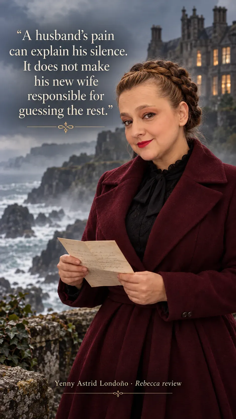 Image from Yenny Astrid Londoño’s review of “Rebecca”. Yenny in a burgundy coat reading a letter on a misty coastal cliff. Text: A husband's pain can explain his silence. It does not make his new wife responsible for guessing the rest.