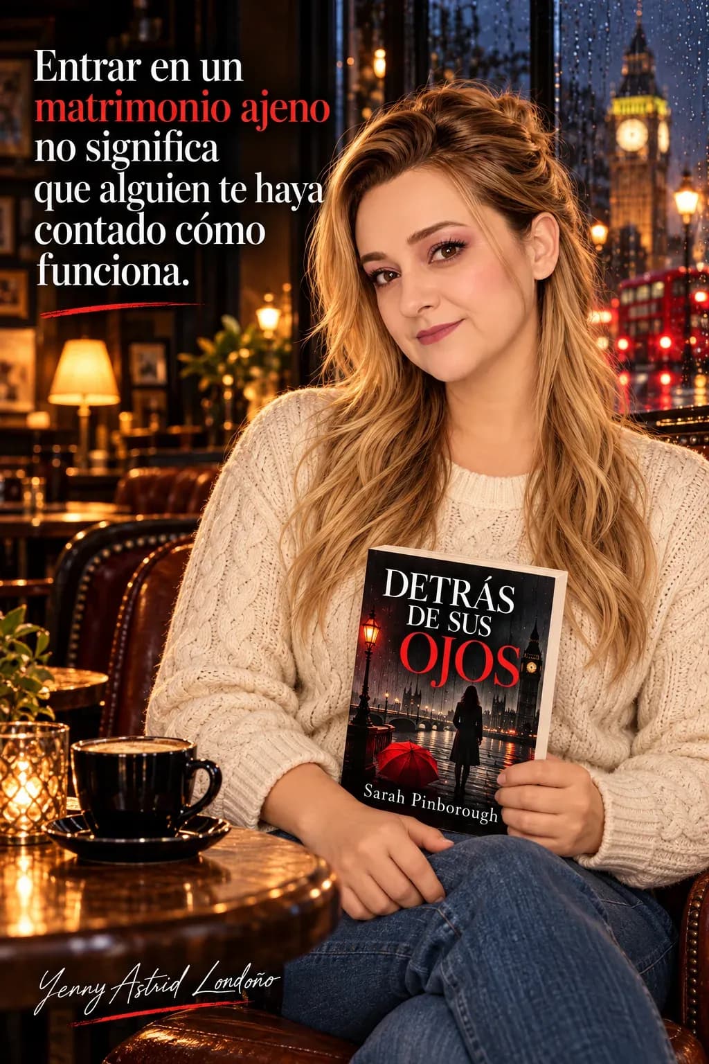 Yenny con cabello semirrecogido y jersey marfil, sosteniendo Detrás de sus ojos con una mano y la otra en la rodilla; frase del libro sobre un matrimonio ajeno.