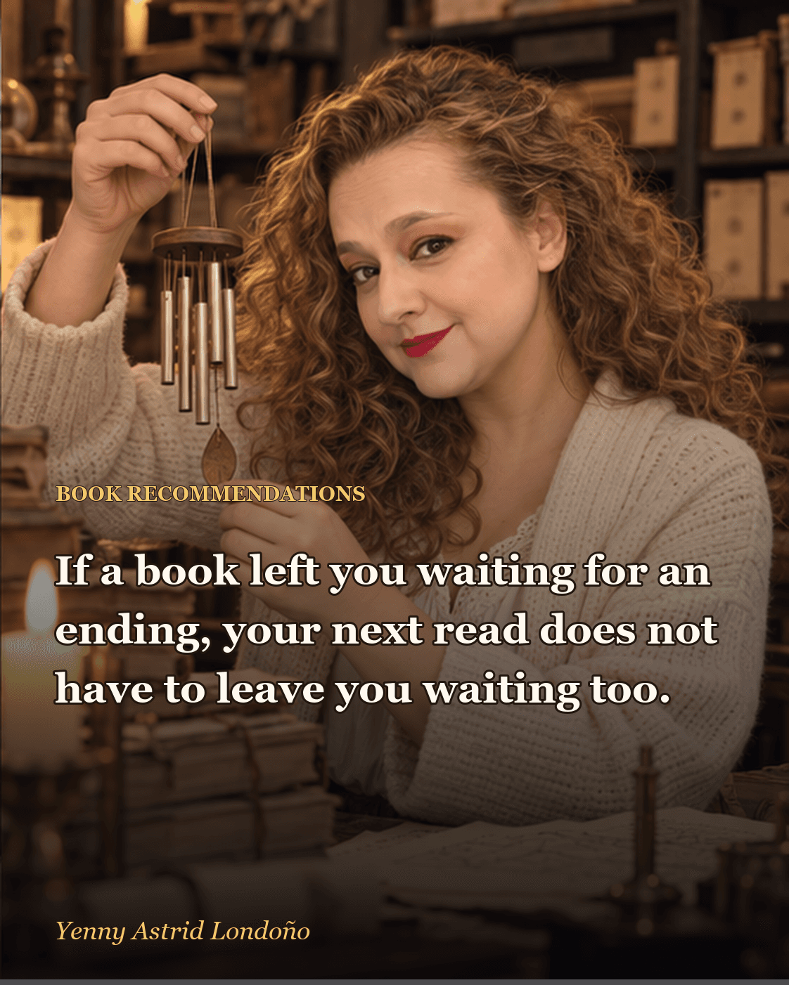Image from “What to Read After *The Name of the Wind*: Eight Choices for Anyone Who Still Hears the Music,” written by Yenny Astrid Londoño. Yenny holding a closed fantasy book in an old library beside a tab-filled notebook.