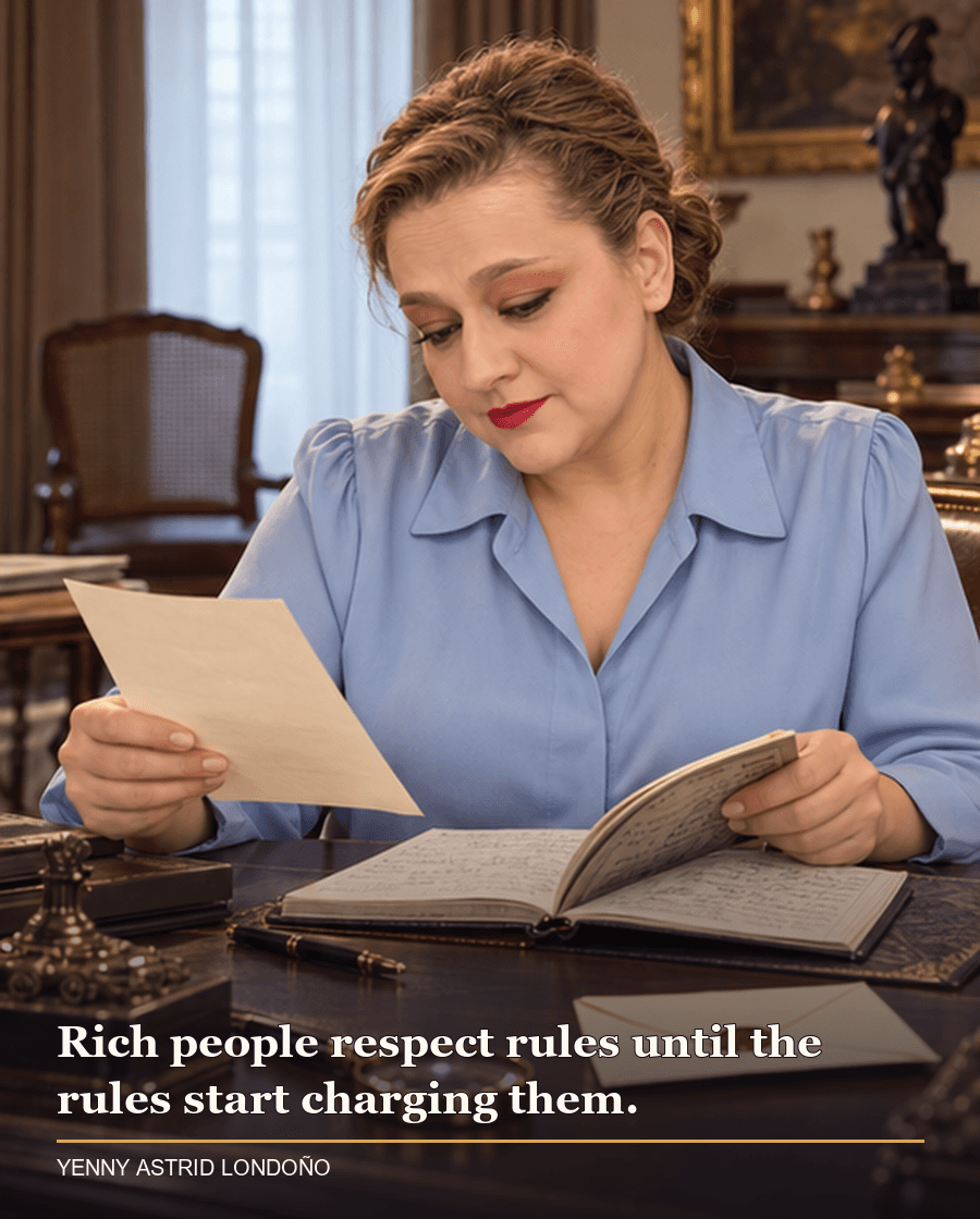 Image from Yenny Astrid Londoño’s review of “All About Money”. Yenny in a powder-blue blouse studying a will and detective notebook on a mahogany desk. Text: Rich people respect rules until the rules start charging them.