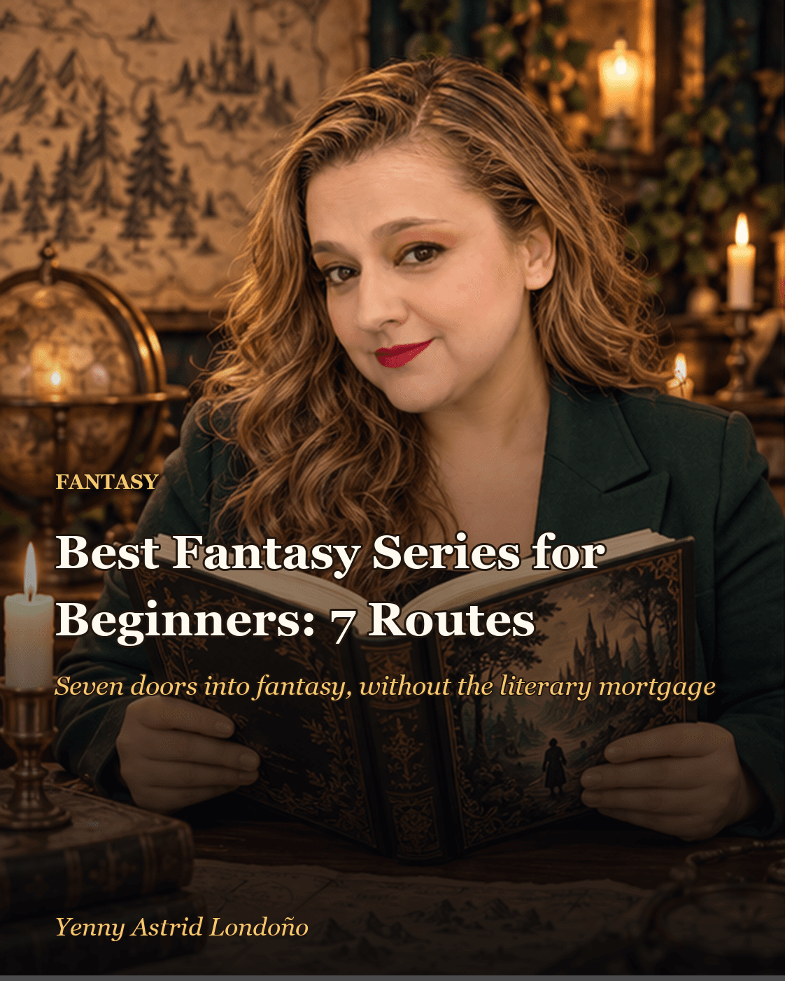Cover image for “Best Fantasy Series for Beginners: Seven Doors and No Literary Customs Office,” written by Yenny Astrid Londoño. Yenny in a fantasy library with an open book, maps, and a stack of series.