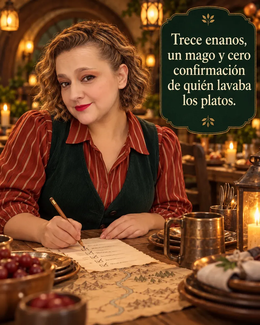 Imagen de la reseña del libro «El hobbit», escrita por Yenny Astrid Londoño. Ilustración de El hobbit, de J. R. R. Tolkien, con un texto superpuesto: «Trece enanos, un mago y cero confirmación de quién lavaba los platos».