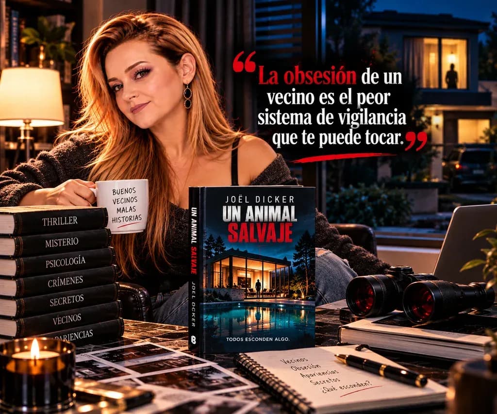 Yenny Astrid Londoño junto a Un animal salvaje, de Joël Dicker, unos prismáticos y un cuaderno, con un texto superpuesto en la imagen.