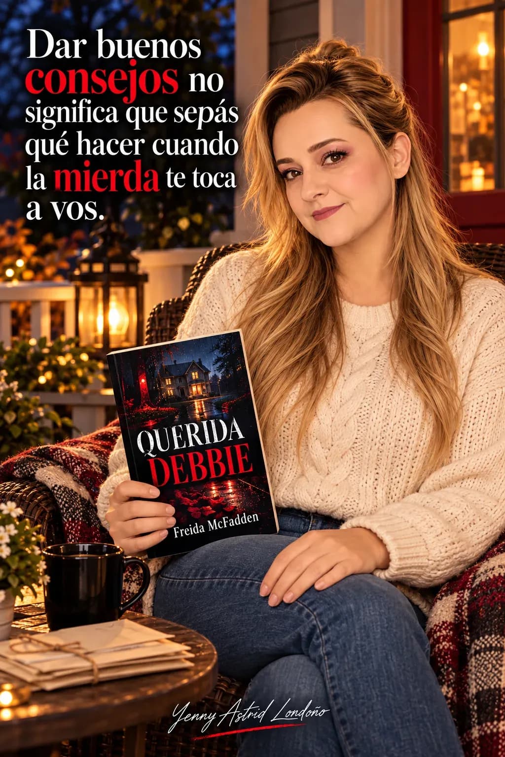 Yenny con cabello semirrecogido y jersey marfil, sentada en un porche con Querida Debbie y una mano sobre la rodilla; frase del libro sobre dar consejos.
