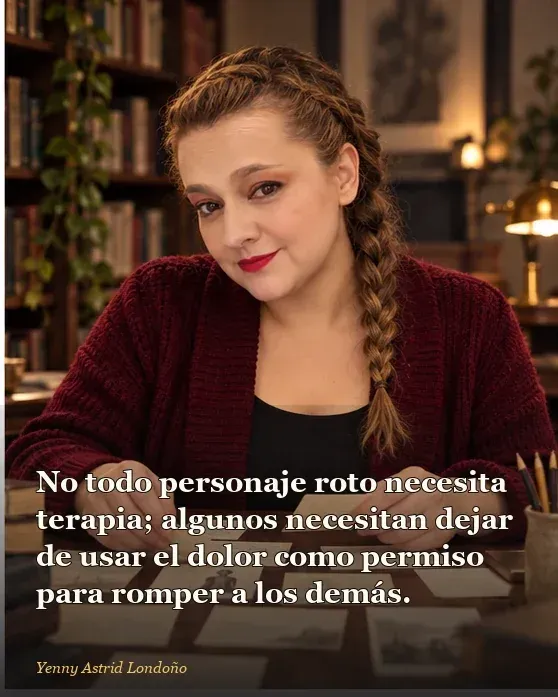 Imagen del artículo «Personajes literarios que necesitaban terapia urgentemente y otros que necesitaban dejar de hacer daño», escrito por Yenny Astrid Londoño. Yenny Astrid Londoño subrayando una página de thriller en la mesa de lectura mientras una libreta anota señales de