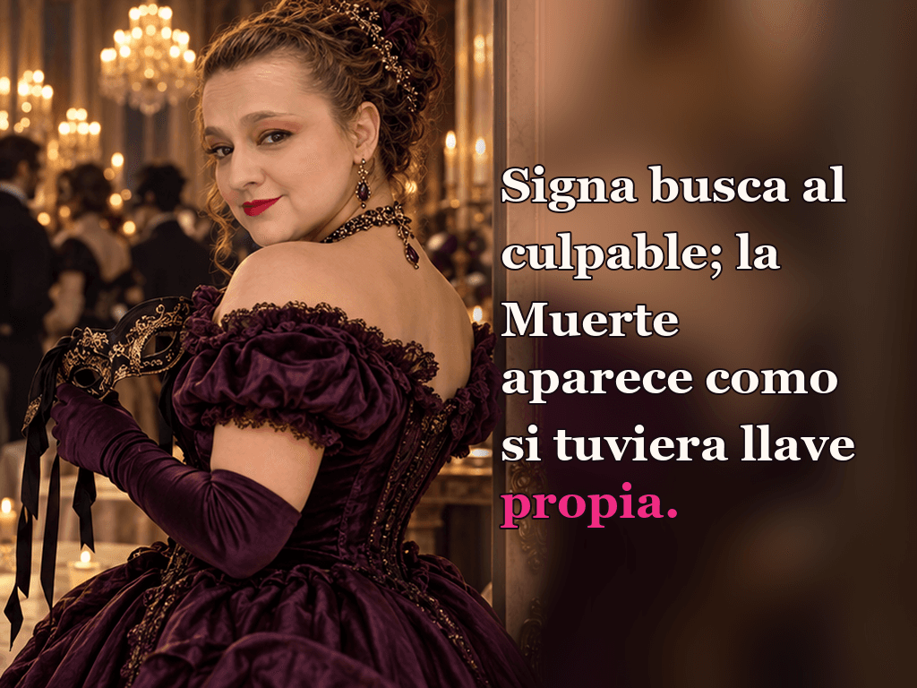 Imagen de la reseña del libro «Belladonna», escrita por Yenny Astrid Londoño. Ilustración de Belladonna, de Adalyn Grace, con un texto superpuesto: «Signa busca al culpable; la Muerte aparece como si tuviera llave propia».