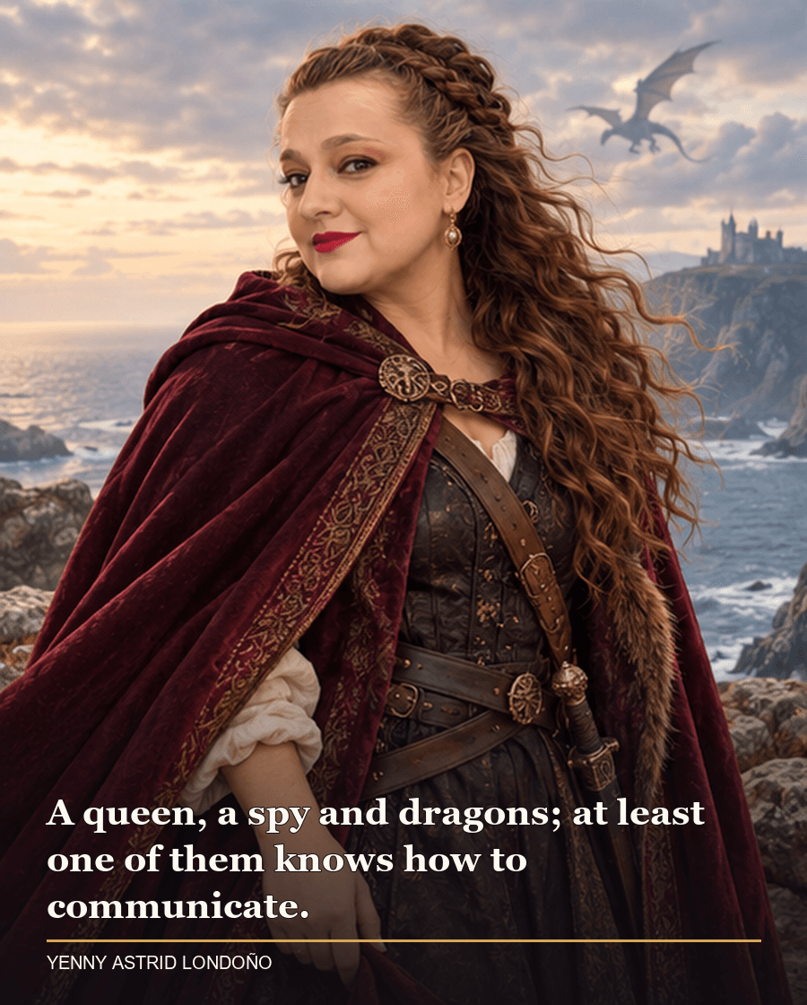 Image from Yenny Astrid Londoño’s review of “The Priory of the Orange Tree”. Yenny in a burgundy travel cloak on a seaside cliff with a distant dragon silhouette in the clouds. Text: A queen, a spy and dragons; at least one of them knows how to communicate.