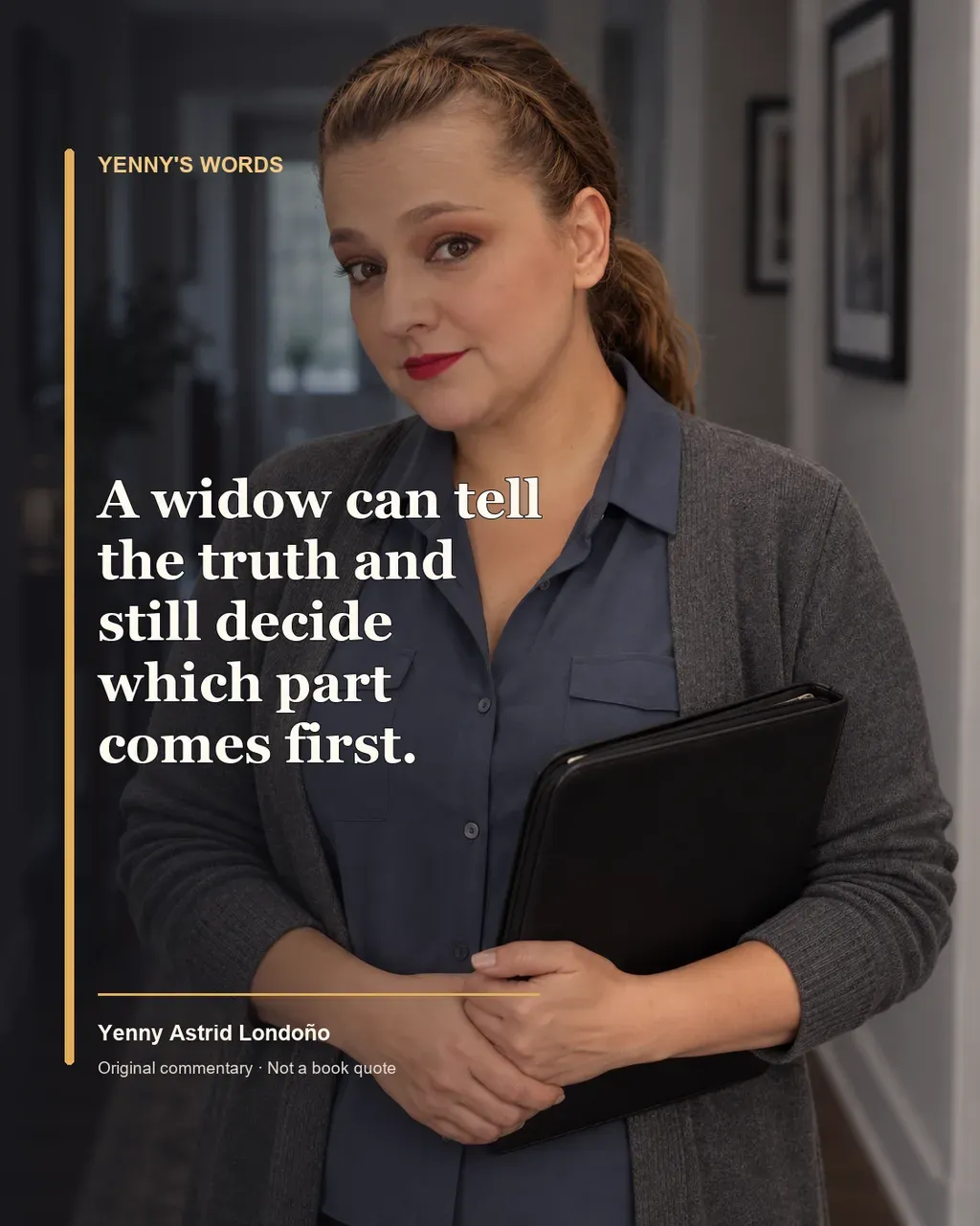 Image from Yenny Astrid Londoño’s review of “The Widow”. Illustration of The Widow, by Fiona Barton, with overlaid text: «A widow can tell the truth and still decide which part comes first.»