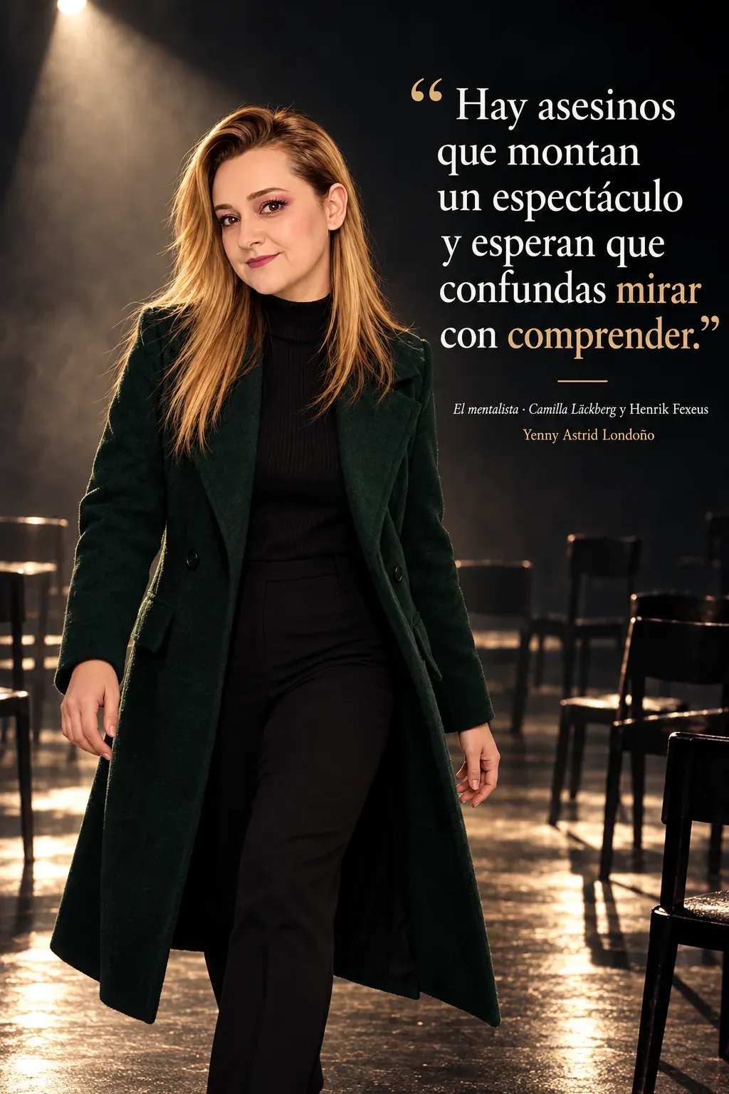 Yenny con abrigo verde pino caminando por un escenario oscuro con sillas vacías.