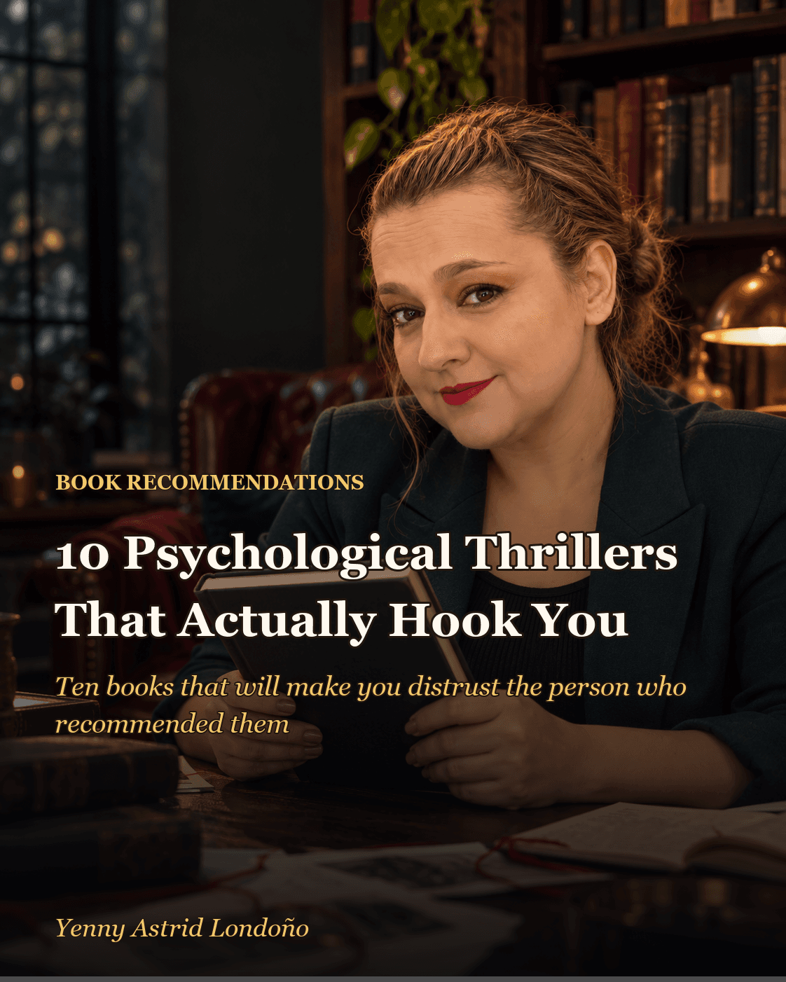 Cover image for “Best Psychological Thrillers That Actually Hook You: Ten Books That Make You Distrust the Person Who Recommended Them,” written by Yenny Astrid Londoño. Yenny reading in a suspense library for a guide to psychological thrillers.