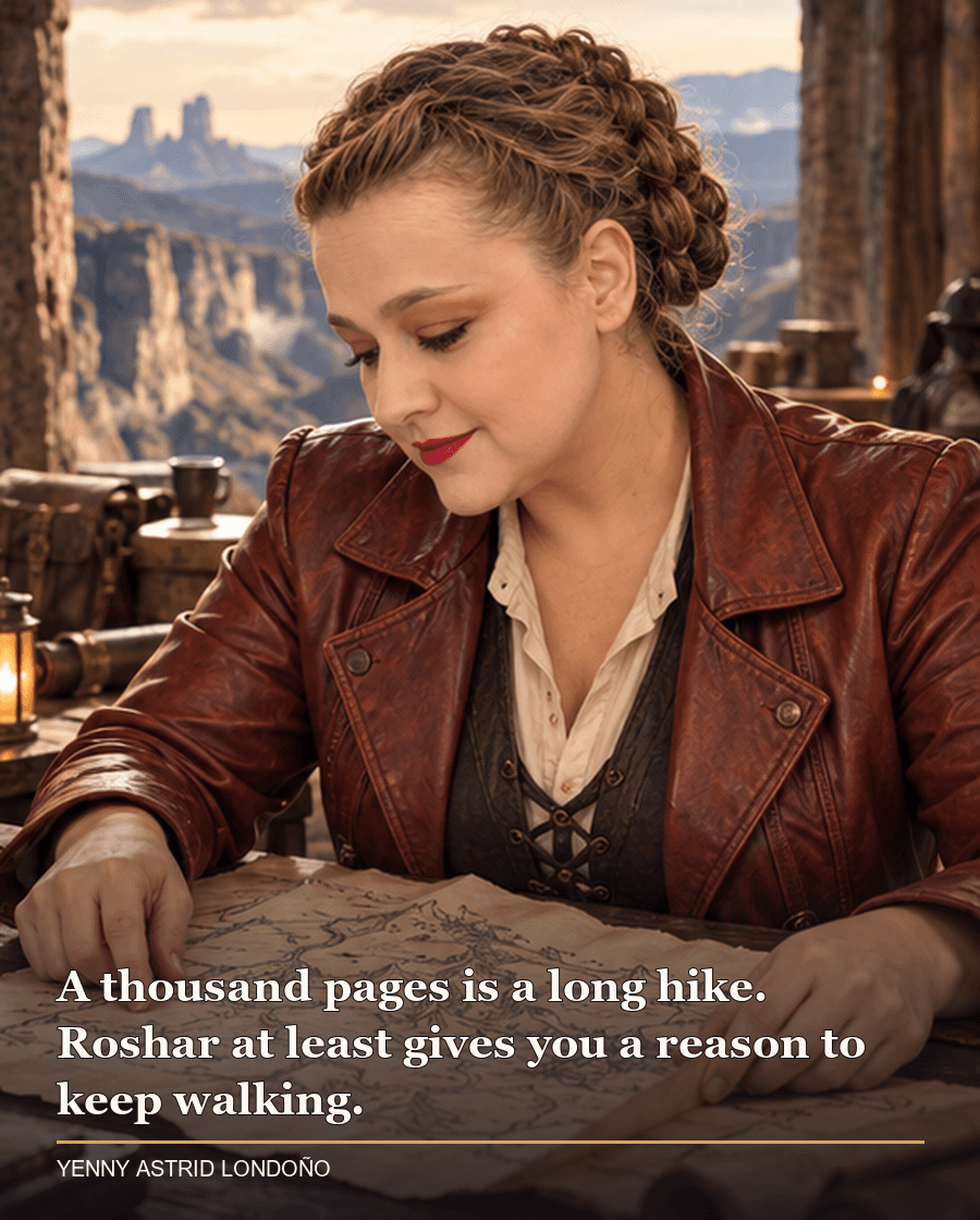 Image from Yenny Astrid Londoño’s review of “The Way of Kings”. Yenny in a rust jacket studying a map on a wooden table above a vast rocky landscape. Text: A thousand pages is a long hike. Roshar at least gives you a reason to keep walking.
