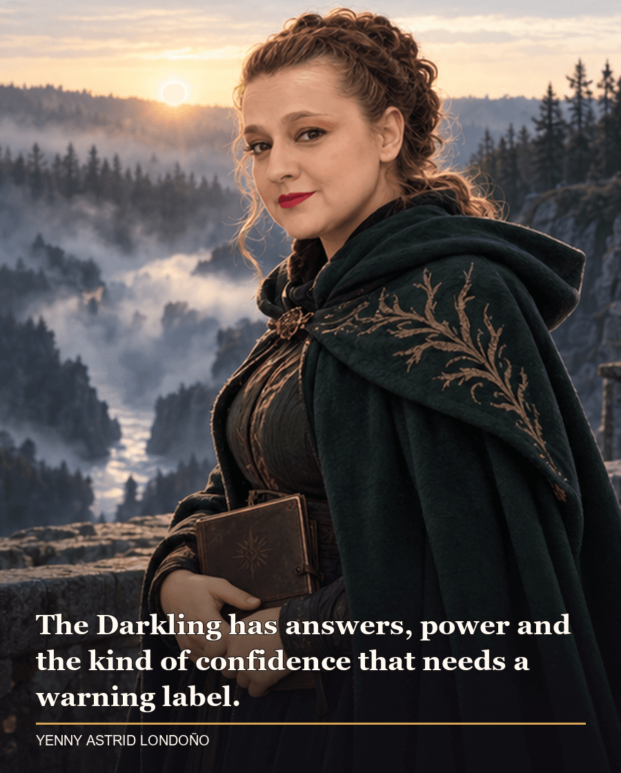 Image from Yenny Astrid Londoño’s review of “Shadow and Bone”. Yenny in a forest-green cloak above a misty Ravkan ravine at dawn with a closed notebook. Text: The Darkling has answers, power and the kind of confidence that needs a warning label.