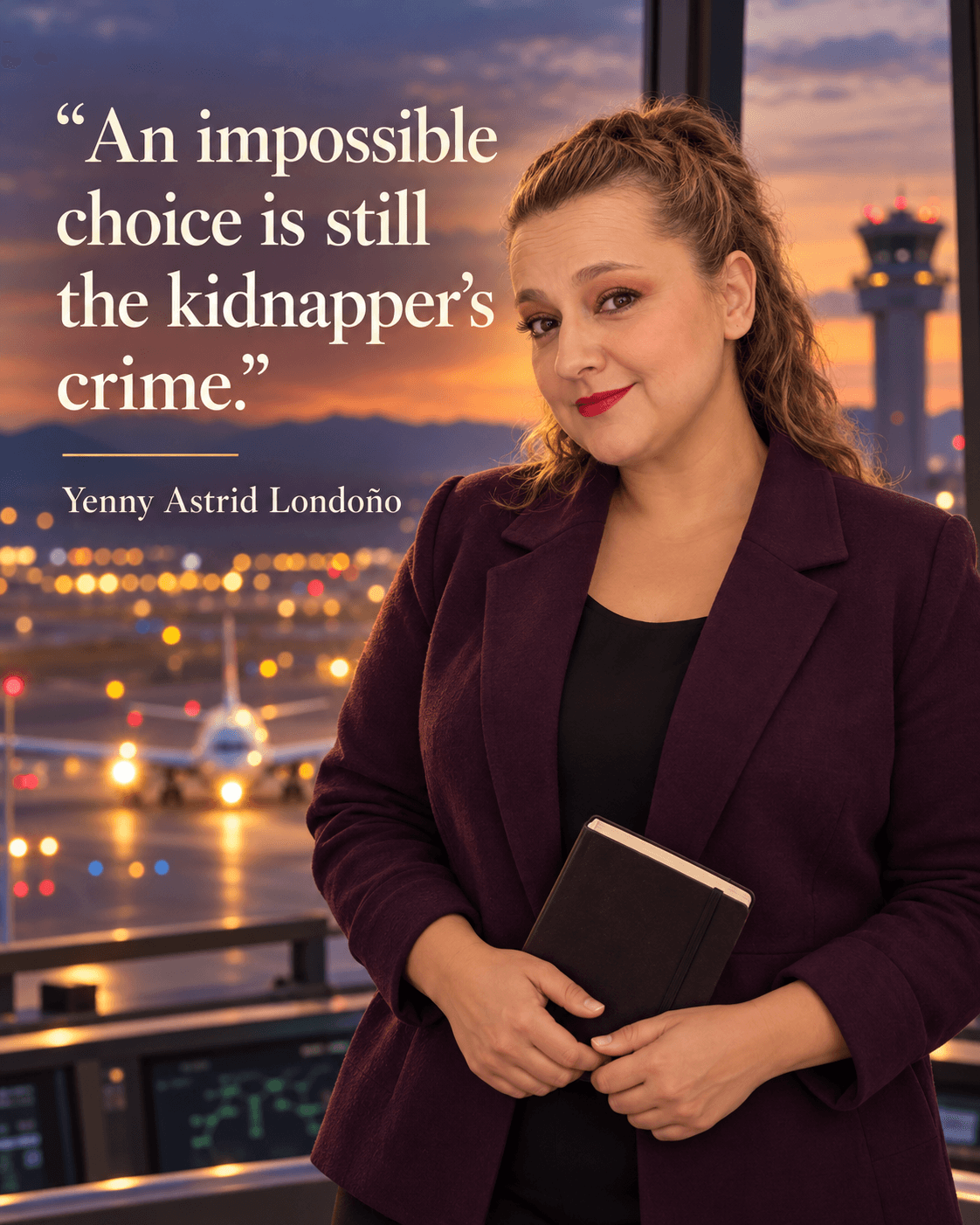 Image from Yenny Astrid Londoño’s review of “Seat 7a”. Yenny at an airport window beside her comment about an impossible choice. Text: An impossible choice is still the kidnapper’s crime.