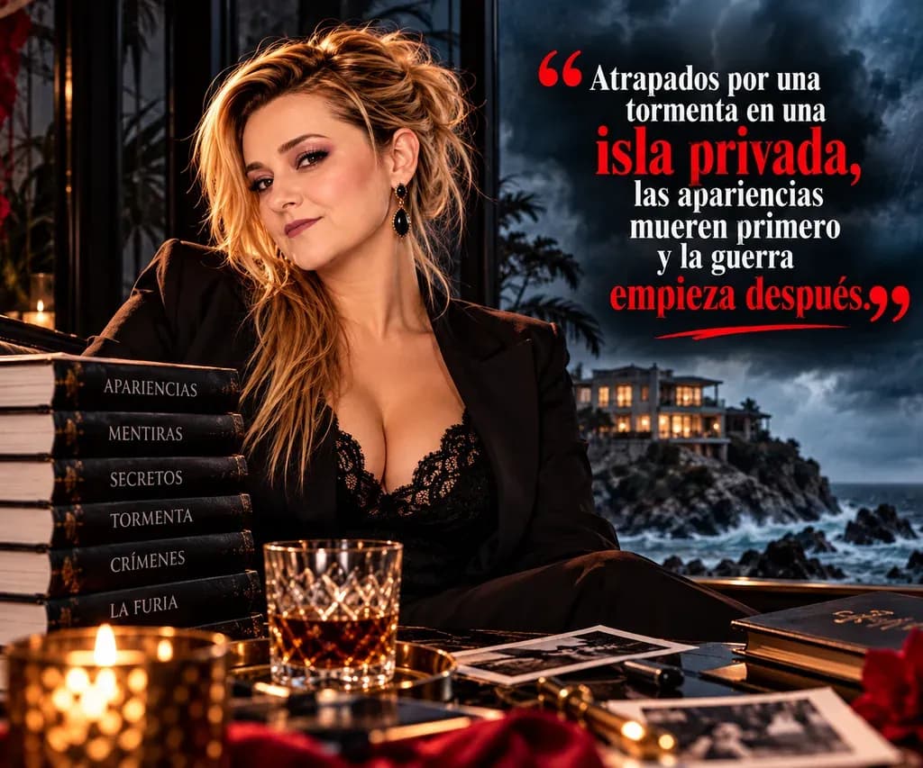 Yenny Astrid Londoño con una chaqueta negra y un vaso de whisky, frente a una isla con una casa al fondo, con un texto superpuesto en la imagen.