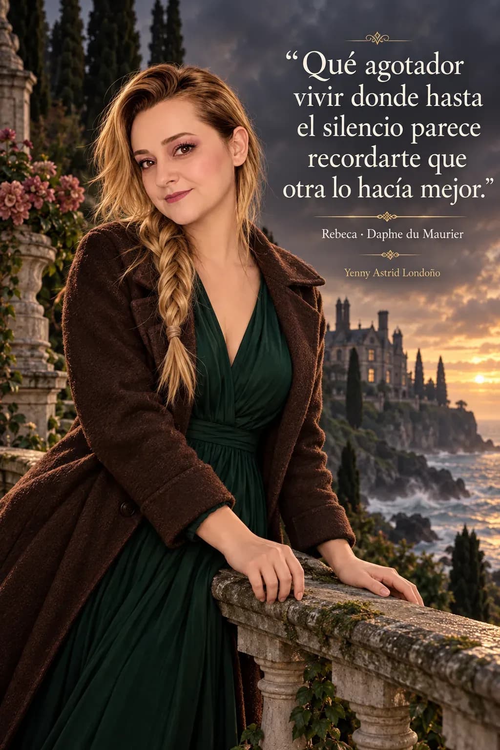 Yenny con abrigo marrón y vestido verde se apoya en la baranda del jardín de Manderley frente al mar.