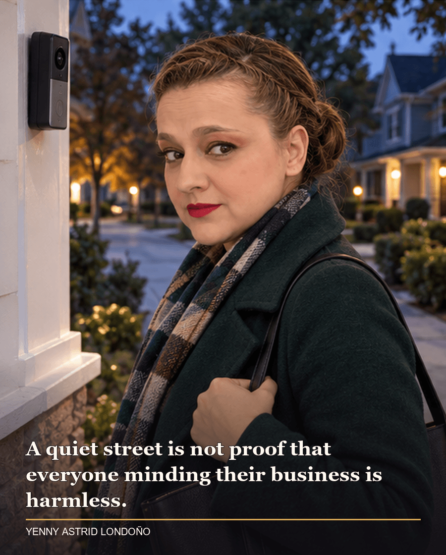 Image from Yenny Astrid Londoño’s review of “The Housemaid Is Watching”. Yenny looking toward window blinds in a family kitchen. Text: A quiet street is not proof that everyone minding their business is harmless.