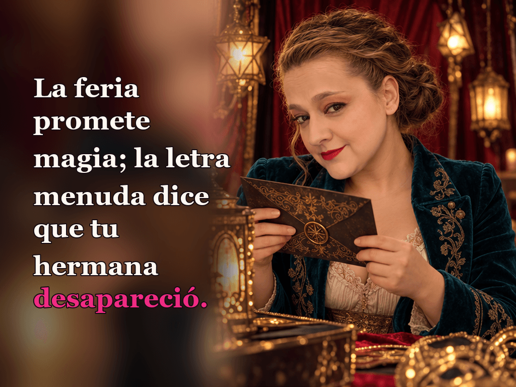 Imagen de la reseña del libro «Caraval», escrita por Yenny Astrid Londoño. Ilustración de Caraval, de Stephanie Garber, con un texto superpuesto: «La feria promete magia; la letra menuda dice que tu hermana desapareció».