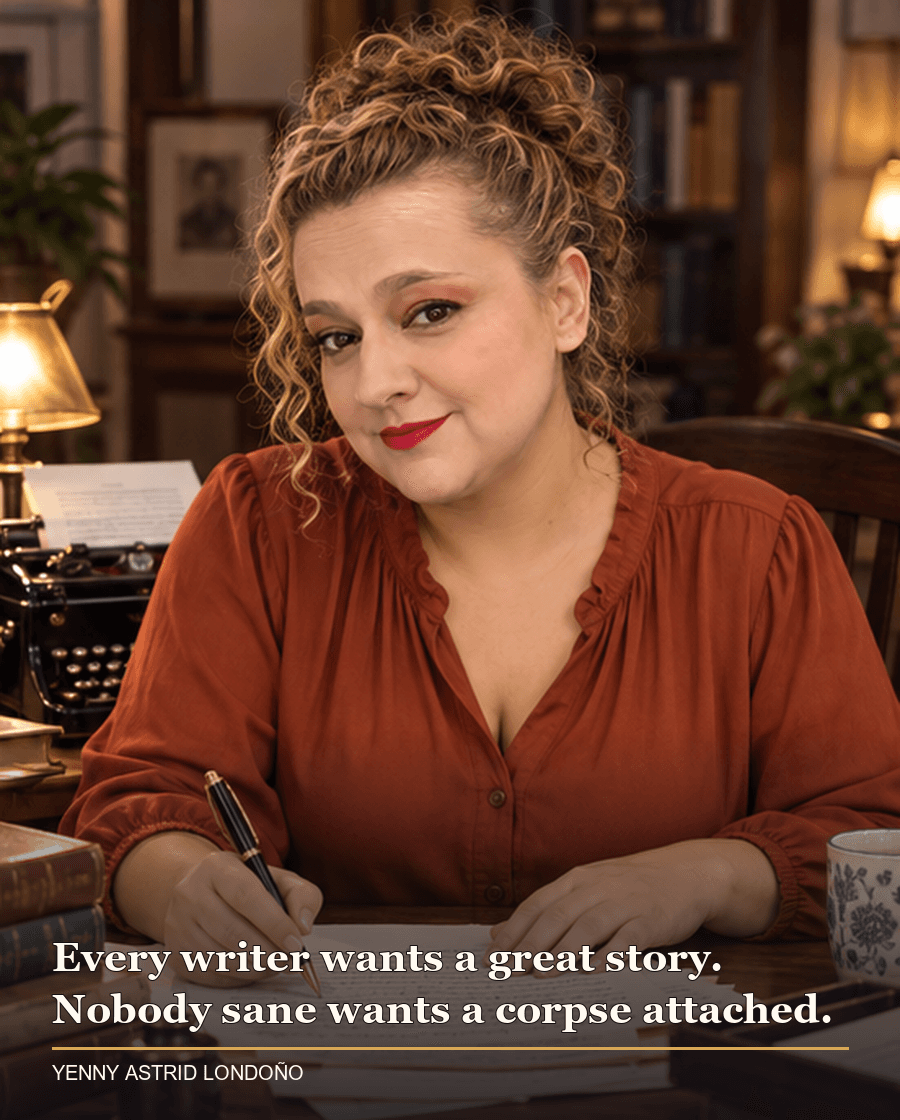 Image from Yenny Astrid Londoño’s review of “The Truth About the Harry Quebert Affair”. Yenny at a writer’s desk with an old typewriter, manuscript pages and a garden beyond the window. Text: Every writer wants a great story. Nobody sane wants a corpse attached.