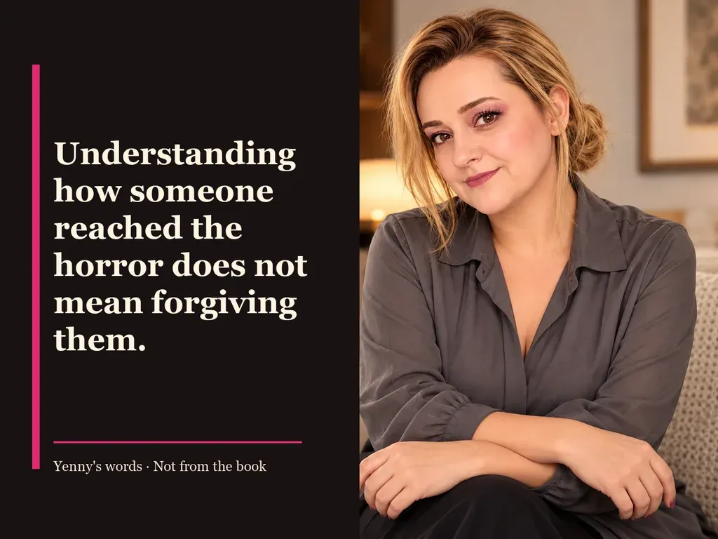 Image from Yenny Astrid Londoño’s review of “Satan”. Illustration of Satan, by Mario Mendoza, with overlaid text: «Understanding how someone reached the horror does not mean forgiving them.»
