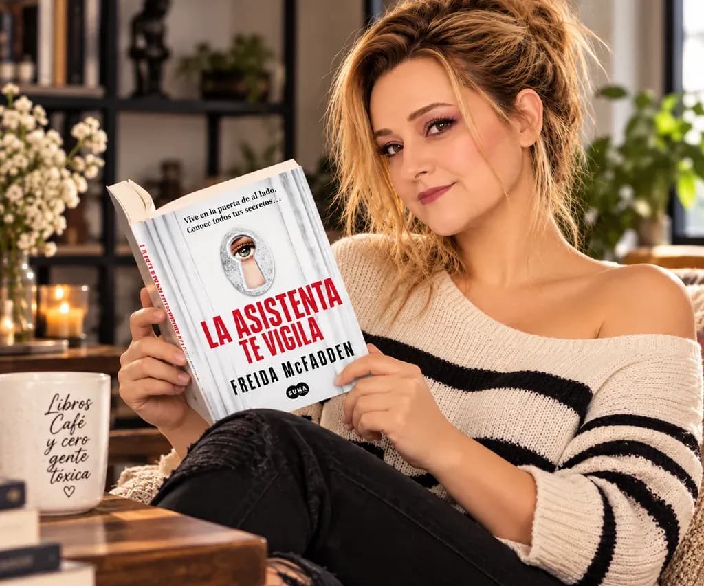 Yenny Astrid Londoño con un suéter de rayas, una taza y La asistenta te vigila, de Freida McFadden, en la mano.