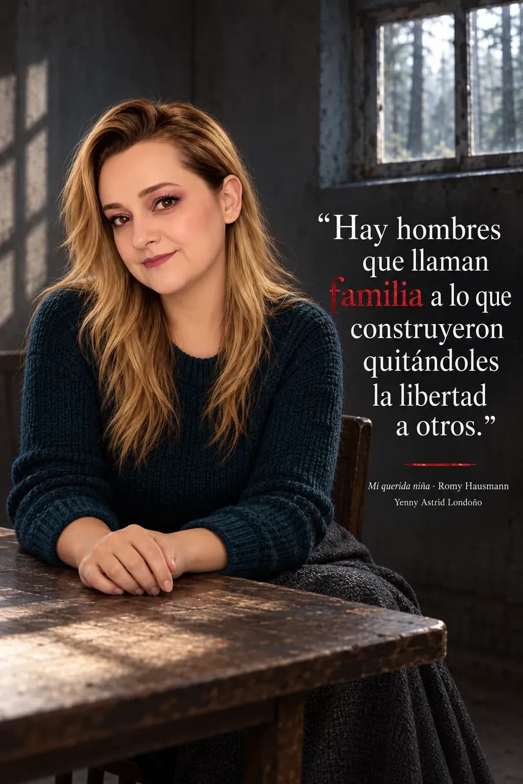 Yenny con suéter azul petróleo sentada en una habitación austera con ventana hacia el bosque.