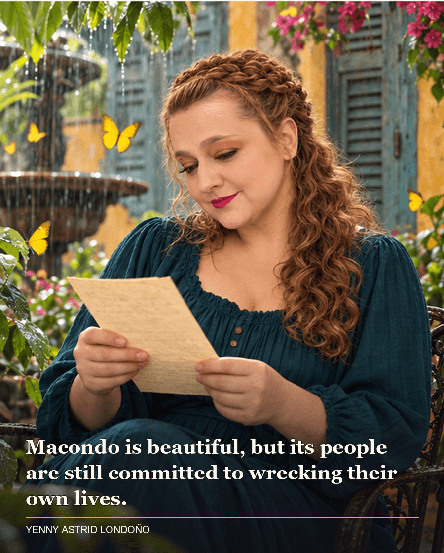 Image from Yenny Astrid Londoño’s review of “One Hundred Years of Solitude”. Yenny reading in a rain-washed tropical courtyard with yellow butterflies. Text: Macondo is beautiful, but its people are still committed to wrecking their own lives.
