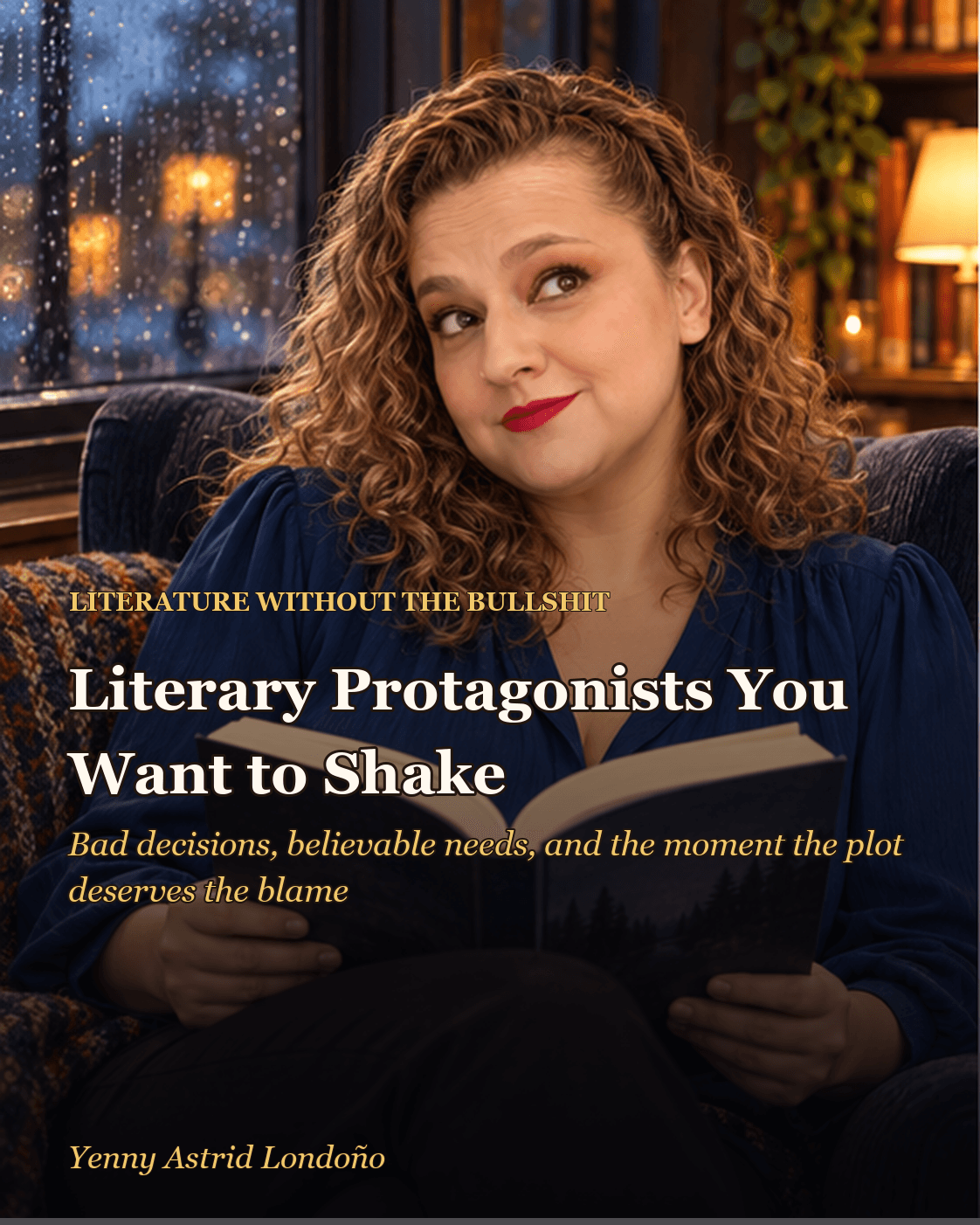 Cover image for “Literary Protagonists You Want to Shake, Even When You Understand Why They Stay,” written by Yenny Astrid Londoño. Yenny reading a thriller beside a notebook filled with absurd character decisions.