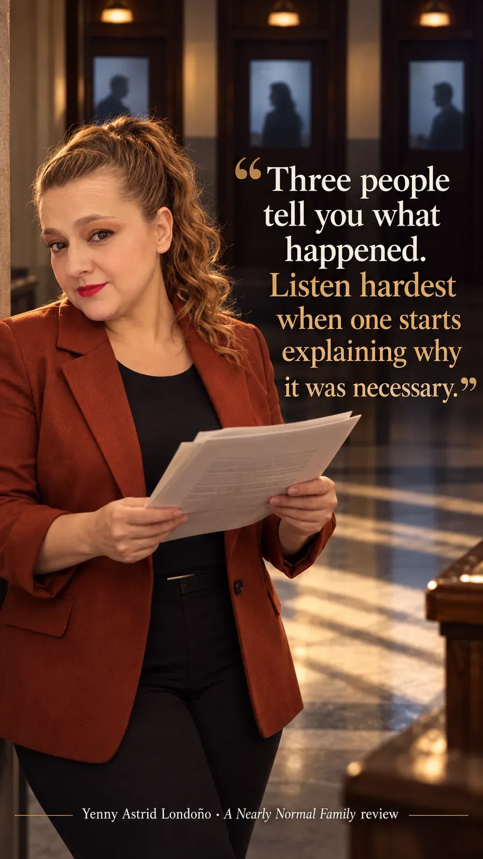 Image from Yenny Astrid Londoño’s review of “A Nearly Normal Family”. Yenny in a rust blazer reading testimony in a courthouse corridor. Text: Three people tell you what happened. Listen hardest when one starts explaining why it was necessary.