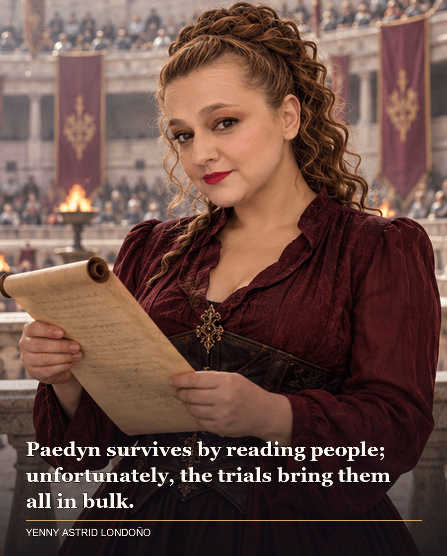Image from Yenny Astrid Londoño’s review of “Powerless”. Yenny in a burgundy blouse reviewing trial rules at an arena balcony. Text: Paedyn survives by reading people; unfortunately, the trials bring them all in bulk.