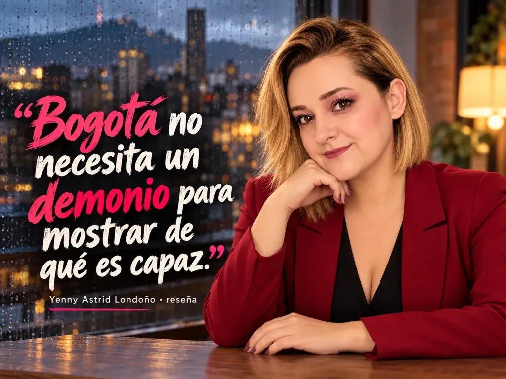 Imagen de la reseña del libro «Satanás», escrita por Yenny Astrid Londoño. Yenny Astrid Londoño en una imagen editorial con la frase del libro sobre Bogotá no necesita un demonio para mostrar de qué es capaz.
