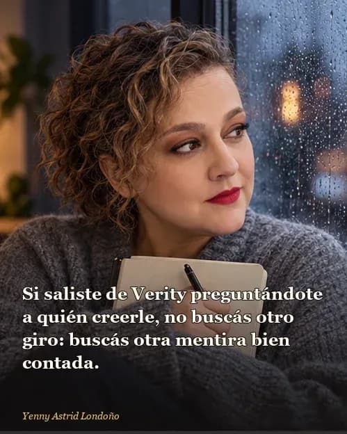 Imagen del artículo «Qué leer después de *Verity*: ocho thrillers para volver a desconfiar», escrito por Yenny Astrid Londoño. Yenny sostiene una hoja manuscrita frente a dos carpetas con versiones distintas; frase: “Si saliste de Verity