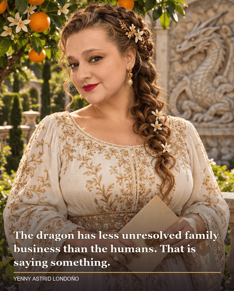 Image from Yenny Astrid Londoño’s review of “The Priory of the Orange Tree”. Yenny in a cream embroidered blouse in a royal garden beside an orange tree and dragon relief. Text: The dragon has less unresolved family business than the humans. That is saying something.