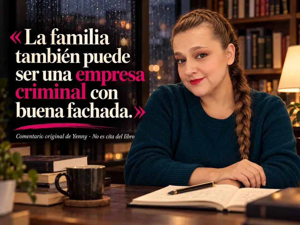 Imagen de la reseña del libro «Los huérfanos», escrita por Yenny Astrid Londoño. Ilustración de Los huérfanos, de Carmen Mola, con un texto superpuesto: «La familia también puede ser una empresa criminal con buena fachada».