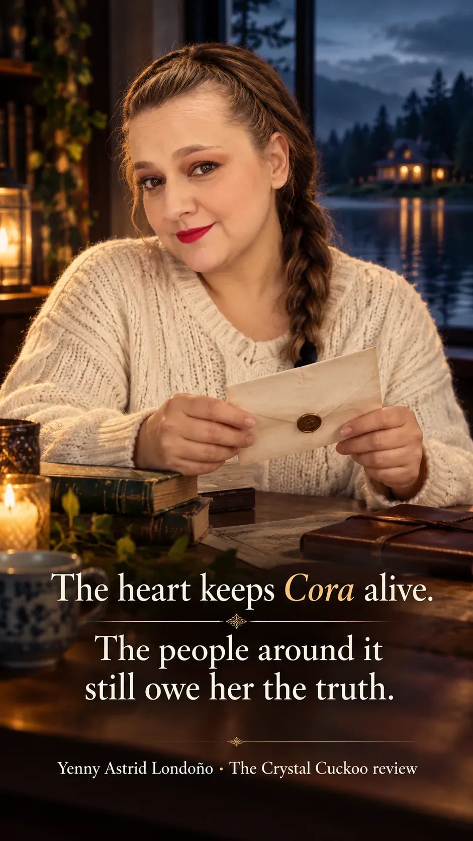 Image from Yenny Astrid Londoño’s review of “The Crystal Cuckoo”. Yenny in a cream sweater opening a letter beside a dark lake. Text: The heart keeps Cora alive. The people around it still owe her the truth.