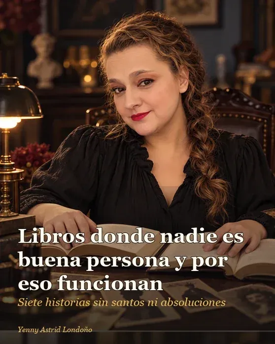 Portada del artículo «Libros donde nadie es buena persona y por eso uno no puede dejar de mirar», escrito por Yenny Astrid Londoño. Yenny Astrid Londoño en una mesa de lectura con novelas abiertas, fichas de personajes y una luz cálida; portada para