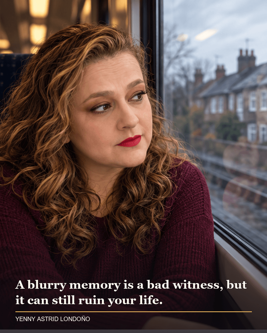 Image from Yenny Astrid Londoño’s review of “The Girl on the Train”. Yenny on a commuter train looking toward blurred suburban homes. Text: A blurry memory is a bad witness, but it can still ruin your life.