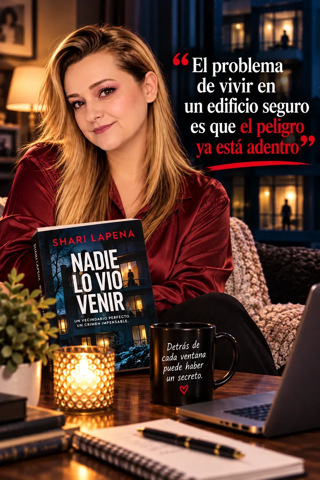 Yenny Astrid Londoño con una blusa roja y Nadie lo vio venir, de Shari Lapena, junto a una vela y una taza, con un texto superpuesto en la imagen.